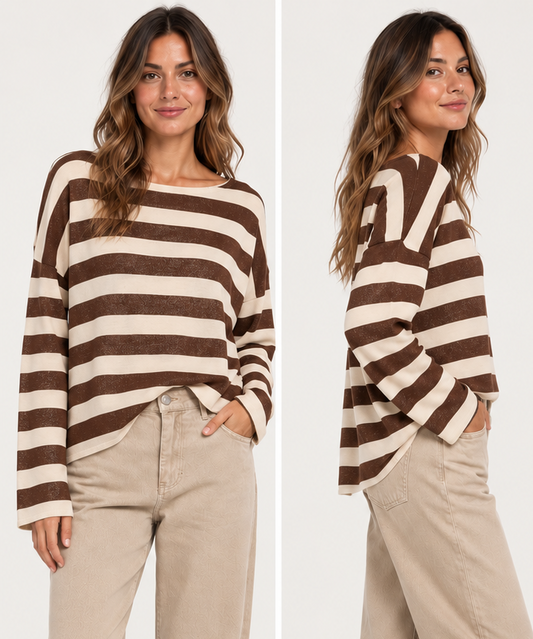 Maglia a Righe Panna e Marrone con Lurex
