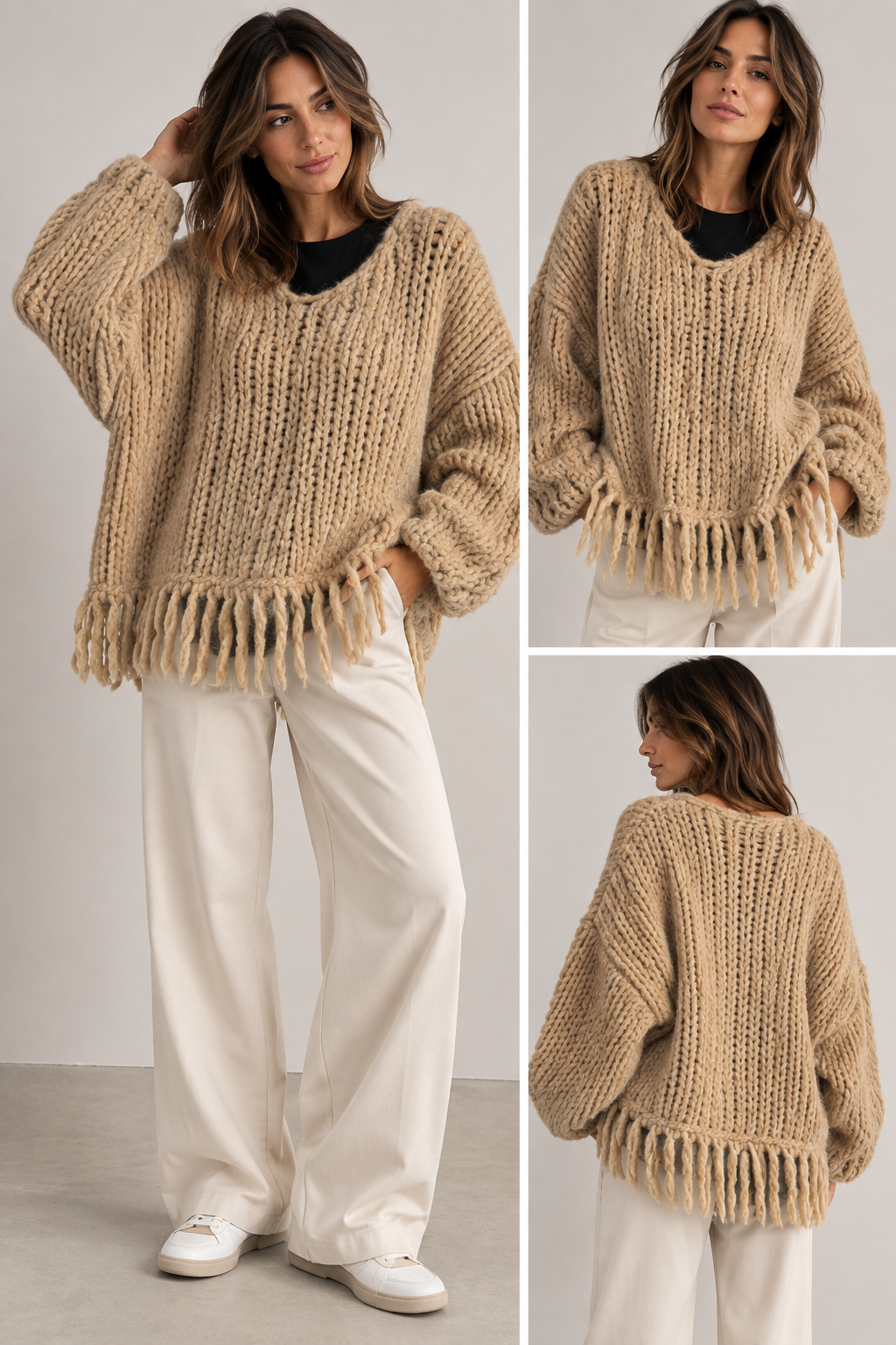 Maglione Oversize Beige con Frange
