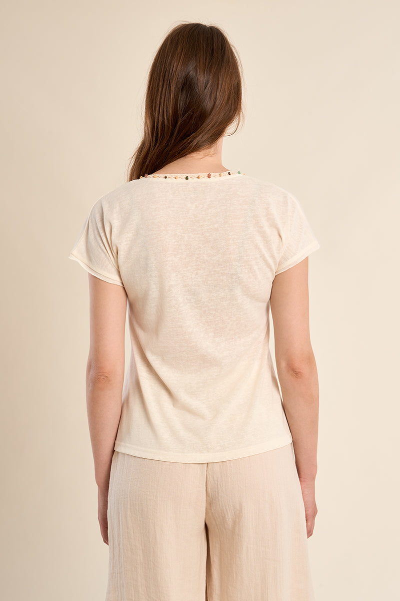 T-shirt con scollo a V, ricamata e con perline LA1270CEP
