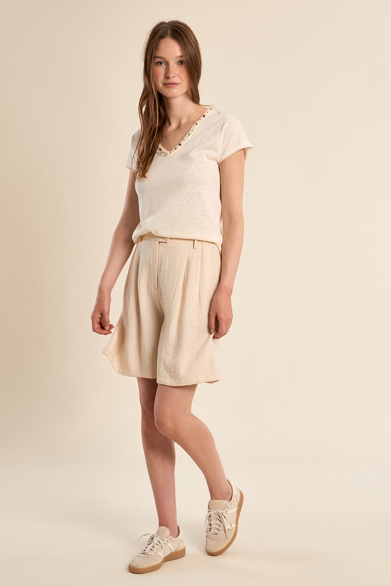 T-shirt con scollo a V, ricamata e con perline LA1270CEP